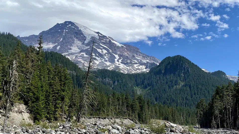 A snow-streaked rocky mountain rises above a dense evergreen forest beneath a partly cloudy blue sky.
