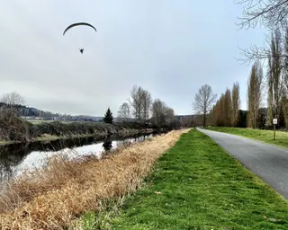 A paraglider flies above a calm canal beside a paved path lined with grass, reeds, and leafless trees.