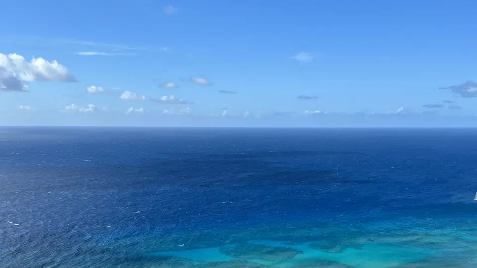 A wide expanse of deep blue ocean stretches beneath a bright sky dotted with small clouds.