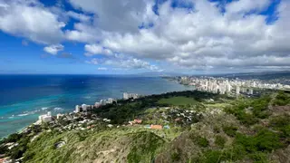 A sweeping view from a green hillside overlooks the turquoise ocean, sandy shoreline, and dense high-rise skyline beneath scattered clouds.