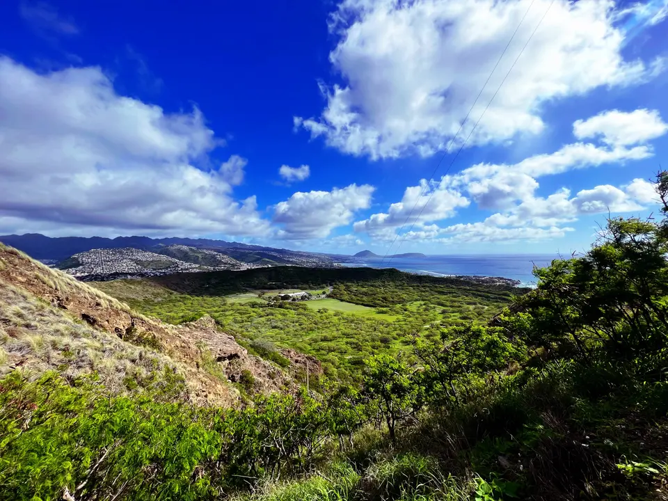 A lush green hillside overlooks a coastal city, distant mountains, and the ocean beneath a bright blue sky filled with clouds.