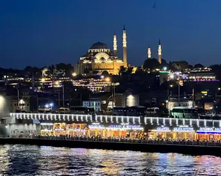 The illuminated Süleymaniye Mosque rises above waterfront restaurants and rippling water at night.