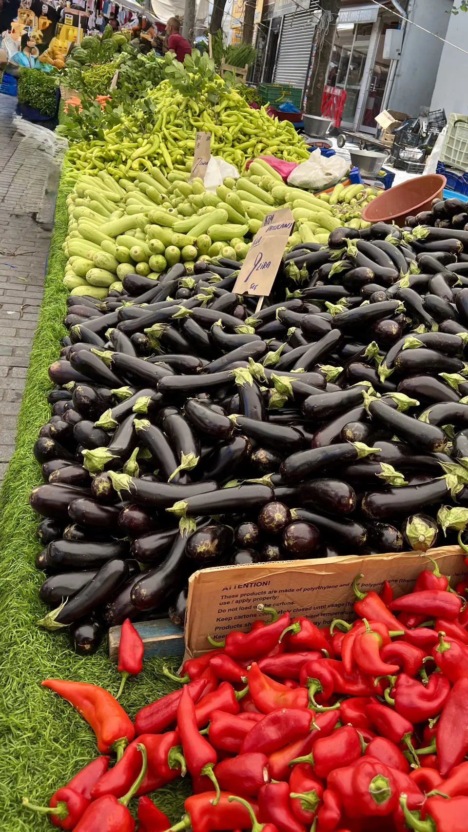 A street market stall displays piles of eggplants, pale green squash, long green peppers, and red peppers beside a sidewalk.