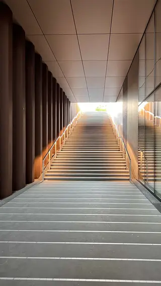 A broad modern staircase rises through a covered passage lined with dark vertical columns and reflective glass walls.