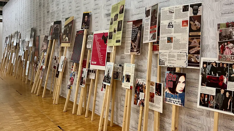 A row of wooden display stands holds illustrated posters and text panels along a patterned gallery wall.