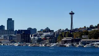 Seattle's Space Needle rises above waterfront buildings, trees, and moored boats on blue water.