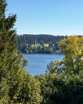 A blue lake is framed by dense evergreen and autumn foliage, with houses and a forested hillside across the water.